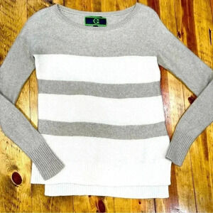 C Wonder 100% Cashmere striped cream and tan scoop neck pullover sweater